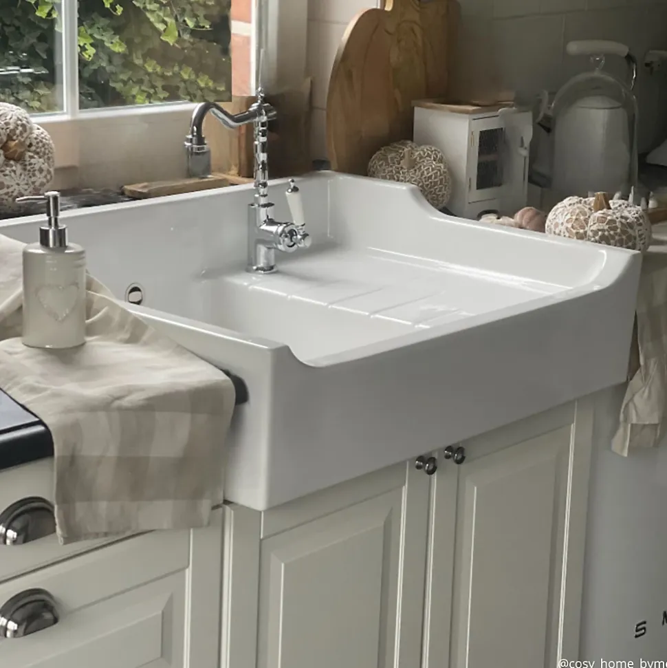 Évier timbre d'office céramique blanc AIMÉ 1 bac - égouttoir à droite