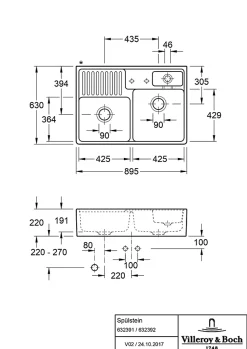Évier timbre d'office de cuisine à poser 2 bacs Tradition Villeroy & Boch céramique blanc brillant