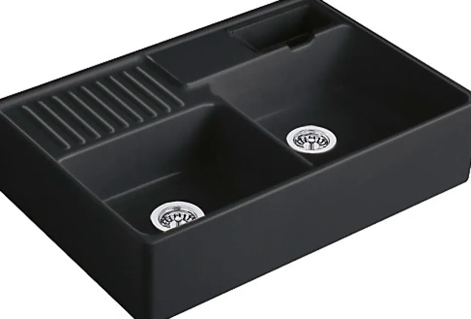 Évier timbre d'office de cuisine à poser 2 bacs Tradition Villeroy & Boch céramique noir mat