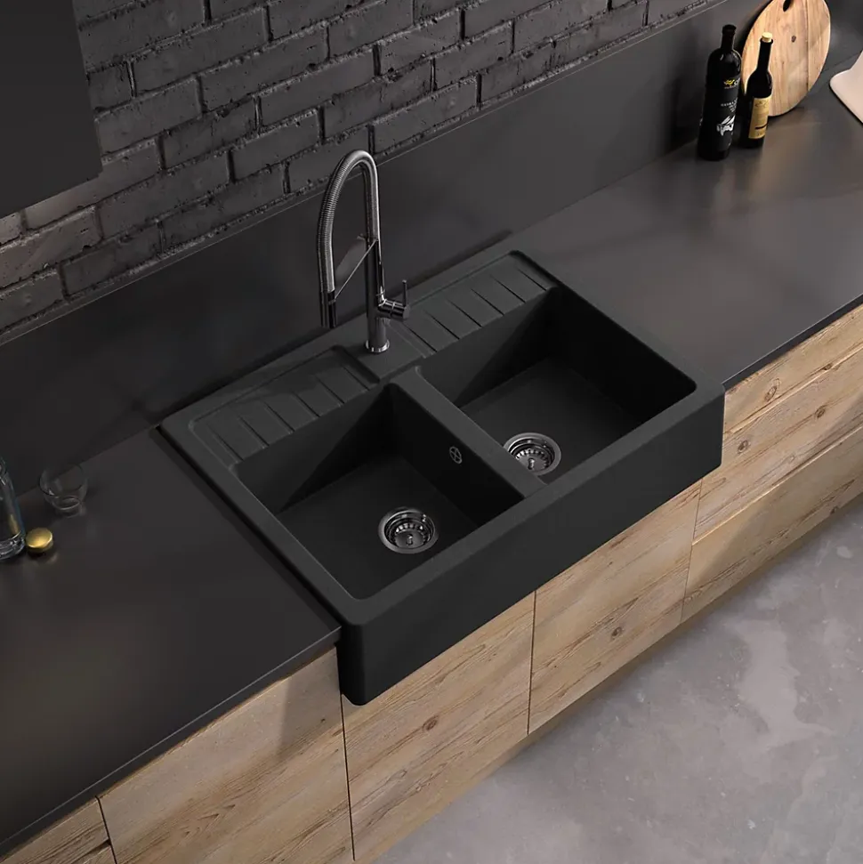 Évier timbre d'office de cuisine à poser 2 bacs Carea granit noir