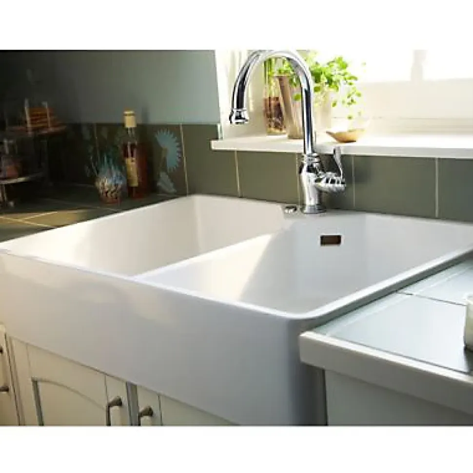 Évier timbre d'office de cuisine à poser 2 bacs Office Cooke & Lewis céramique blanc