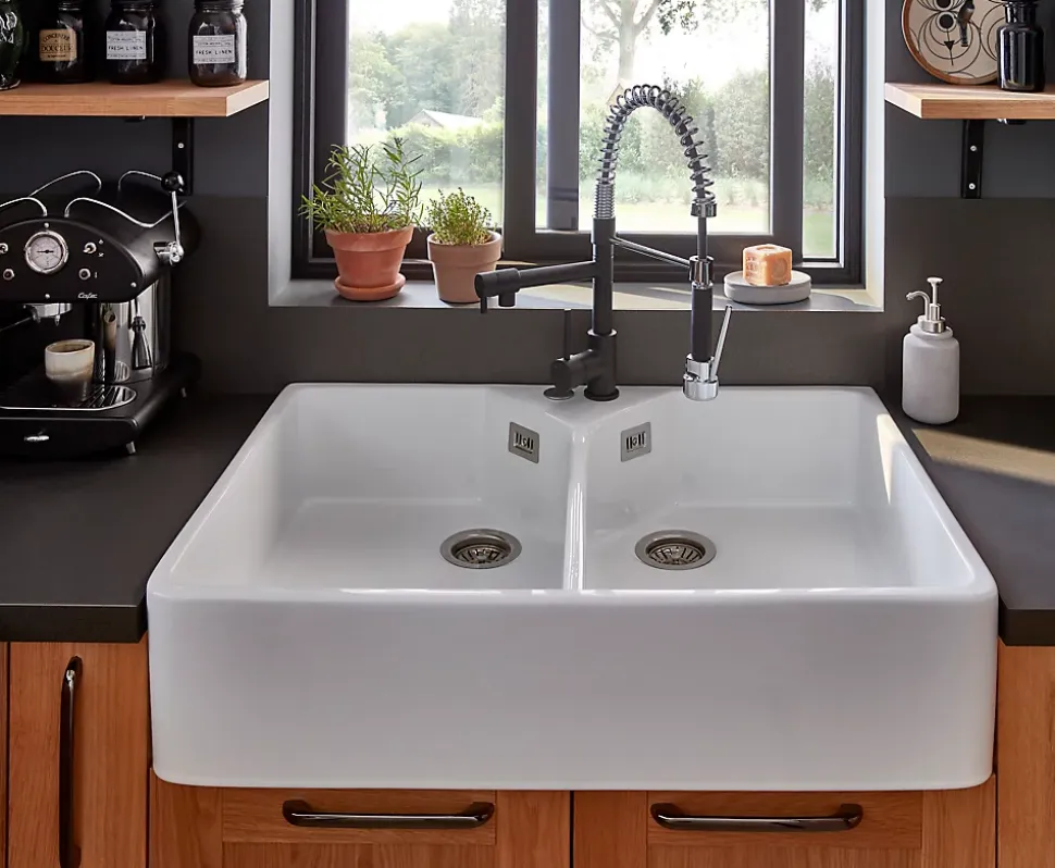 Évier timbre d'office de cuisine à poser 2 bacs Office Cooke & Lewis céramique blanc