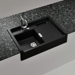 Évier timbre d'office granit Schock LARGO noir magma 1 bac 1 égouttoir