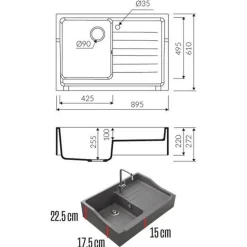 Évier timbre d'office granit noir Kümbad TAMARIN 1 bac 1 égouttoir