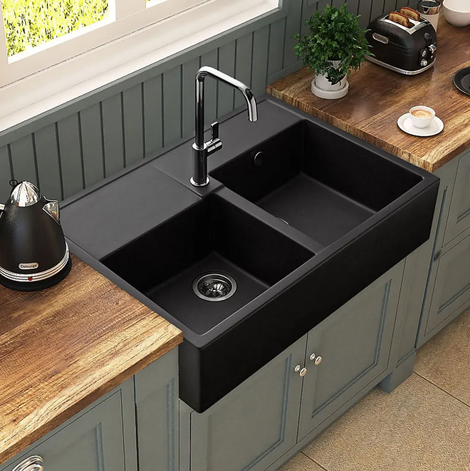 Évier timbre d'office granit noir Kümbad KIWI 2 bacs