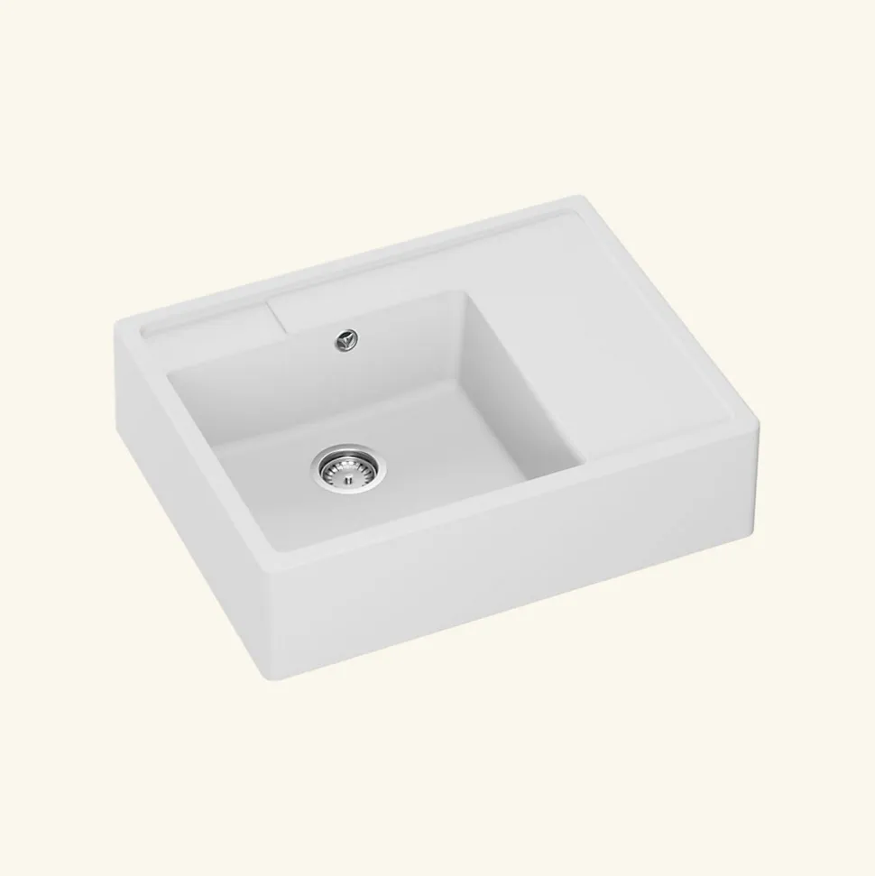 Évier timbre d'office granit blanc grisé mat Kümbad EWEN 1 bac 1 égouttoir à droite