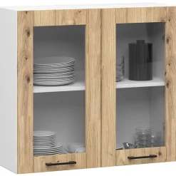 Vitrine de cuisine AKORD OLIWIA W80 H720 Blanche 80 cm 2 portes façade Chêne Artisan 2 étagères 80x30,5x72 cm