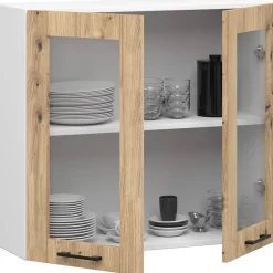 Vitrine de cuisine AKORD OLIWIA W80 H720 Blanche 80 cm 2 portes façade Chêne Artisan 2 étagères 80x30,5x72 cm