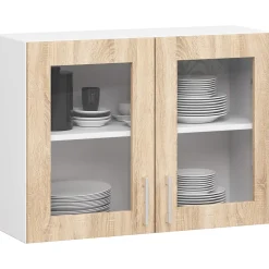 Vitrine de cuisine AKORD LIMA W80 D2 Blanche 80 cm 2 portes façade Chêne Sonoma 2 étagères 80x30,5x58 cm
