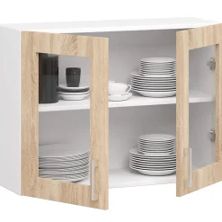 Vitrine de cuisine AKORD LIMA W80 D2 Blanche 80 cm 2 portes façade Chêne Sonoma 2 étagères 80x30,5x58 cm
