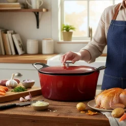 Volcan - Cocotte Ovale 35cm fonte de fer émaillée rouge avec couvercle