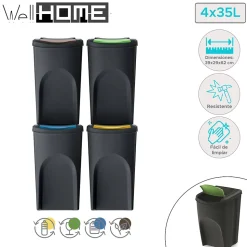 WELLHOME Lot de 4 poubelles, 100% plastique recyclé, noir, 4 x 35L