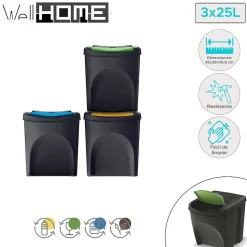 WELLHOME Lot de 3 poubelles en plastique 100% recyclé, noir, 3x 25L