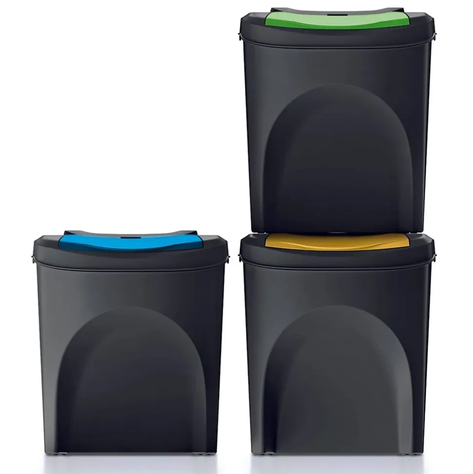 WELLHOME Lot de 3 poubelles en plastique 100% recyclé, noir, 3x 25L