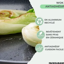 Wok 28 cm aluminium revêtement céramique antiadhésif sans PFAS Fackelmann Brandao