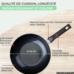 Wok 28 cm aluminium revêtement céramique antiadhésif sans PFAS Fackelmann Brandao