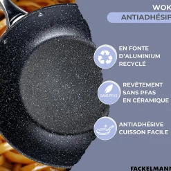 Wok 28 cm fonte aluminium revêtement antiadhésif céramique sans PFAS Fackelmann