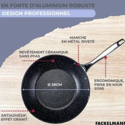 Wok 28 cm fonte aluminium revêtement antiadhésif céramique sans PFAS Fackelmann
