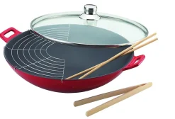 Wok fonte rouge 36 cm avec couvercle en verre